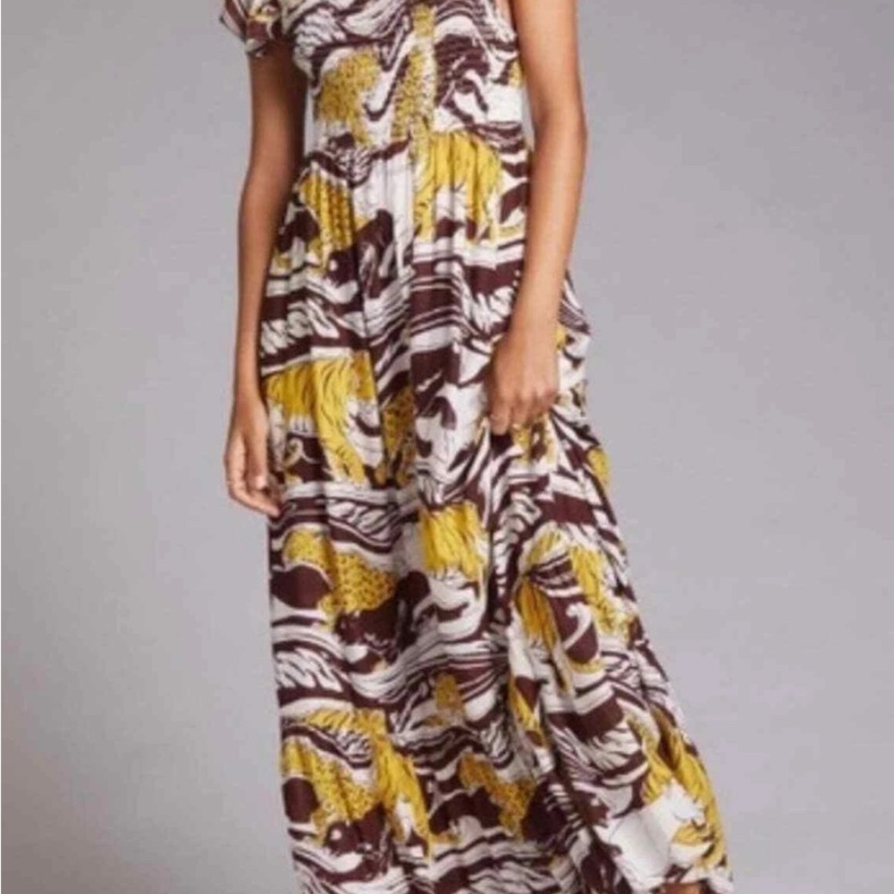 Anthropologie Ruffled Maxi Jaguar Print Long Dress Size M